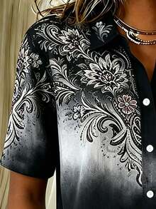 Áo sơ mi nữ size lớn phong cách vintage phương Tây, họa tiết in, cài nút, tay ngắn, kiểu blouse đi du lịch, màu đen - màu đen - Xem 4