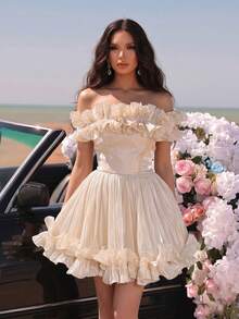 New Arrival European And American Fashion Off-Shoulder Mushroom Hem Mini Party Dress - Apricot - View 2