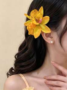 1個甜美優雅雙頭蘭花髮夾，側邊花卉頭飾，適合攝影、海邊度假、旅行，髮爪髮夾 - 彩色 - 查看 5