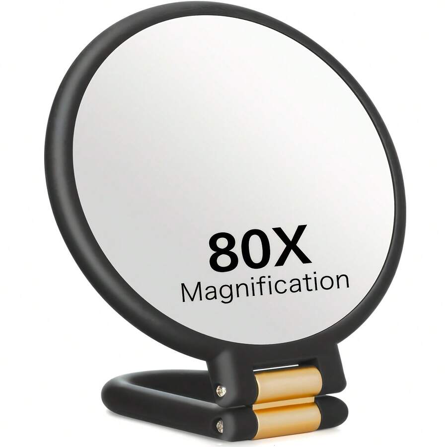 1pc Of 80x Handheld Magnifying Double-Sided Makeup Mirror, 1X/80X Zoom, 360° Adjustable Handle, Supporting Handheld Use, Desktop Placement And Hanging Use. It Has A Double-Sided Mirror Design: One Side Is A 1X High-Definition Mirror - Black - View 1