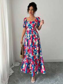Women's Dress With Petal Sleeve Design, Square Neck And Fitted Waist With Print - 灰色 - 查看 5