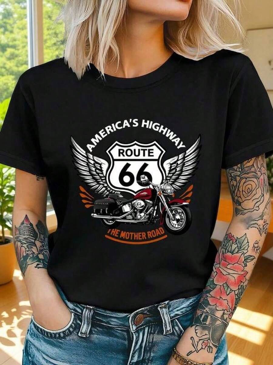Women's Casual Cotton Crew Neck T-Shirt, A Unique And Modern T-Shirt With A And Motorcycle Design In The Y2K Style, Perfect For Road Trip Lovers And Fans Of American Culture. Ideal For Standing Out On Any Occasion And Proudly Showing Your Passion For Freedom On The Open Road. - 黑色 - 查看 1