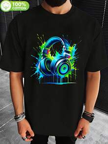 Camiseta de hombre luminosa de neón con diseño de auriculares | Estampado de nota musical y patrón de onda, camiseta de cuello redondo transpirable, ajuste regular con un poco de elasticidad para DJs, conciertos, gimnasio y uso casual - lavable a máquina, sin acolchado - Atuendo de primavera, verano y otoño para amantes de la música. - Negro - Ver 1