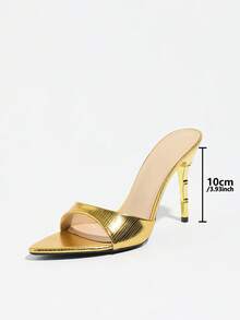 Women's Vintage Elegant Unique One-Strap Mule High Heel Sandals, Featuring Bamboo-Shaped Asymmetric Heel, Metallic Mirror Finish, Reptile Texture, Pointed Toe, Slim High Heel, Suitable For Night Party, Stage, Wedding, Business, Commute, Travel, Shopping, Dating, Christmas, Halloween, Thanksgiving, Easter, Valentine's Day, Mother's Day, Women's Day, Holidays, Weddings - Gold - View 8