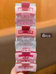 6pcs/Set Pinces à cheveux carrées élégantes et grandes pour femmes, douces & mignonnes, prise forte ne glisse pas, convient pour toutes les occasions, accessoires pour cheveux roses, accessoires de plage pour femmes pinces à cheveux de vacances - Multicolore - Voir 2