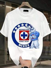 Blue And White Rabbit With Cruz Azul Logo Mexico One Piece, Men's Casual T-Shirt, 3 Colors Available, 100% Cotton, Soft And Comfortable, For Leisure And Sports Activities, Suitable For Daily Wear, Pairs Well With Men's Jeans. Gifts For Men In 2025, Men's T-Shirts, Men's Tops, Men's Sweatshirts. Loose And Comfortable LX7R - 白色 - 查看 1