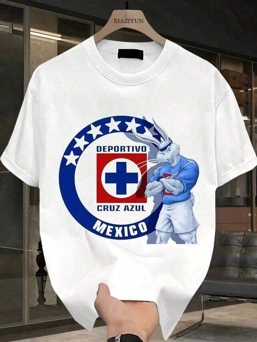 Blue And White Rabbit With Cruz Azul Logo Mexico One Piece, Men's Casual T-Shirt, 3 Colors Available, 100% Cotton, Soft And Comfortable, For Leisure And Sports Activities, Suitable For Daily Wear, Pairs Well With Men's Jeans. Gifts For Men In 2025, Men's T-Shirts, Men's Tops, Men's Sweatshirts. Loose And Comfortable LX7R - 白色 - 查看 1