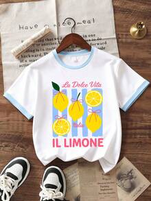 2pcs Girl Set Round-Neck Short-Sleeve T-Shirts With Lemon Pattern Color Print And Casual Striped Shorts Summer Beach Holiday Vocation Set - Baby Blue - View 4