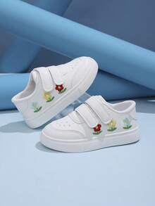 1 Pair Non-Slip Wear-Resistant Breathable Flat Magic Tape White Sneakers With Distinctive Logo, Suitable For Matching With Skirts - White - View 3
