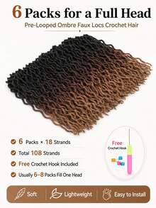 Pre-Looped Locs Crochet Hair, Ombre Faux Locs With Wavy Ends, 18 Strands/Pack Lightweight Synthetic Braiding Hair Extensions For Women, Easy Install - 彩色 - 查看 7