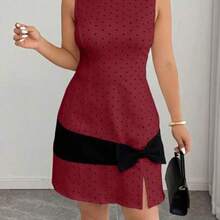 guangzhougaolangshangmao  Vestido mini de punto de línea A con contraste de lunares y lazo, elegante y sin mangas, para mujer de talla grande, primavera/verano - Multicolor - Ver 1