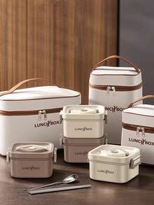 1pc/3pcs/4pcs Portable Insulated Lunch Container Set, Lunch Box Set With Insulated Lunch Bag, 4 Stackable Microwavable Meal Prep Containers, For Adults - Brown/Khaki - Multicolor - View 4