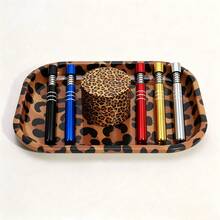 Rolling Tray Set, For Leopard Pattern Lovers | Includes 180*140mm Rolling Tray, 4-Layer Aluminum Alloy Grinder,5pcs Metal One Hitters Spring Loaded 1 Hit Pipes 3.20" Long |  Smoking Accessories Kit, For Friends, Families, And Smokers - Leopard Print - 查看 11