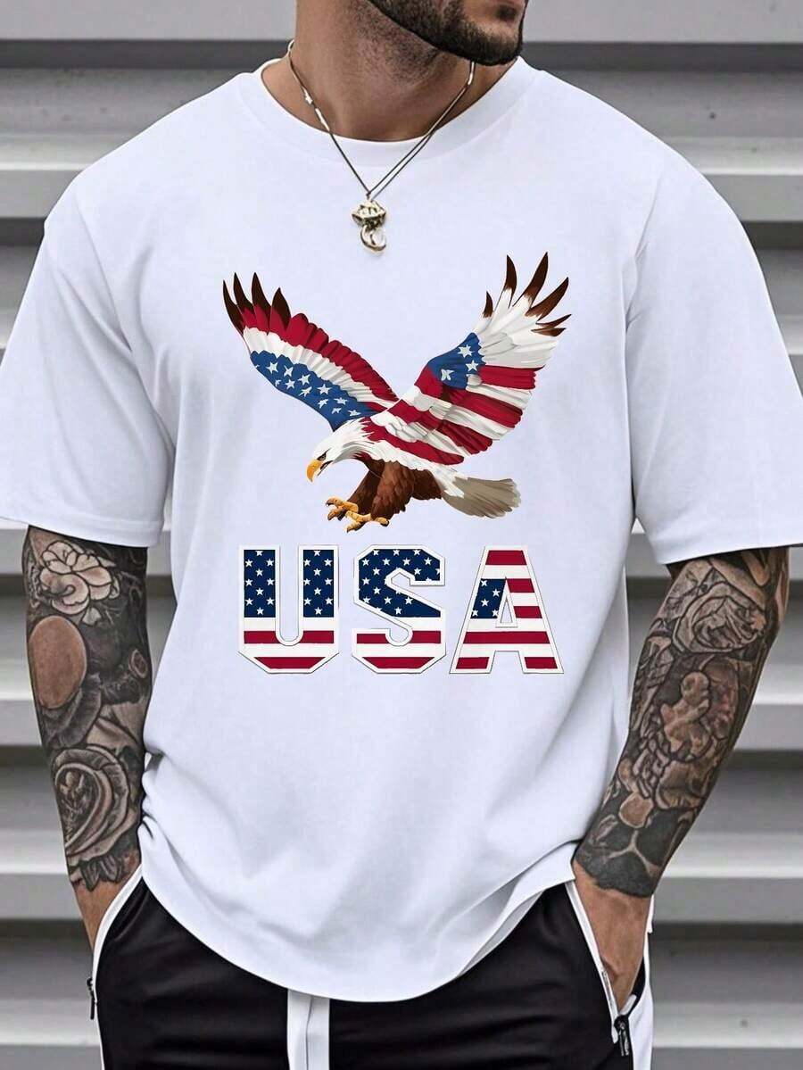 Local Warehouse Items Women's ClothesPatriotic American Flag Eagle Print Men's T-Shirt - 100% Cotton, Stylish And Comfortable For Independence Day Celebrations, Festive USA Apparel For Men, Graphic Tee, Best Gift Ideamotif Women Clothes 100% Pure Cotton Anime T-Shirt, Street And Playful Style. - trắng - Xem 1
