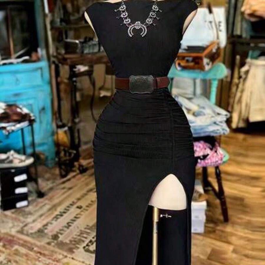 YijiaNvz Vestido de fiesta elegante de longitud media con cuello de barco, abertura en el muslo y cintura fruncida de unicolor para mujer - Negro01 - Ver 1