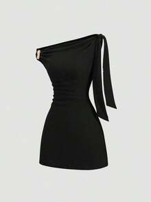 Vestido asimétrico minimalista casual de unicolor para mujer - Negro - Ver 6