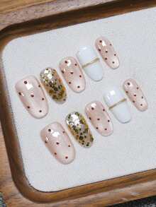 10 piezas/paquete Pegatinas de uñas usables hechas a mano, con diseño de lunares nude de verano con bordes dorados y acentos tipo diamante, que iluminan el tono de la piel, adecuadas para uñas cortas, uso diario y para ir al trabajo - Multicolor - Ver 13