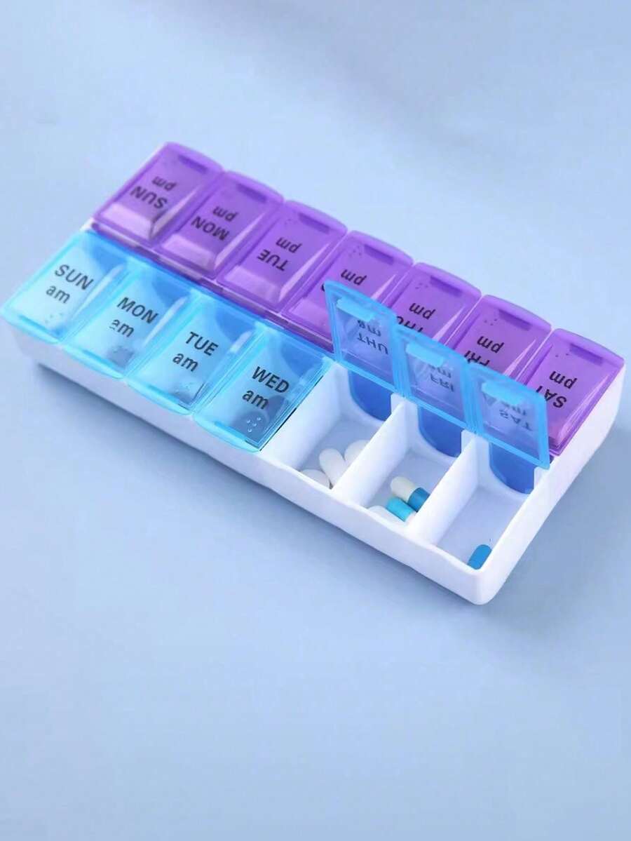 1個/5個裝 新款便攜式7天週用藥盒,14格維生素藥丸收納盒,適用於藥錠、、魚油 - 彩色 - 查看 1