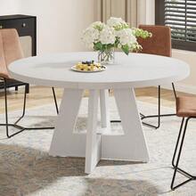 Round Dining Table Suitable For 4 People - 119.38 Cm Retro Base & Engineered Wood Tabletop, Multi-Functional Kitchen Table For Dining Room, Conference Desk, Office Desk, Space-Saving For Small Homes, Assembly - Brown - View 11
