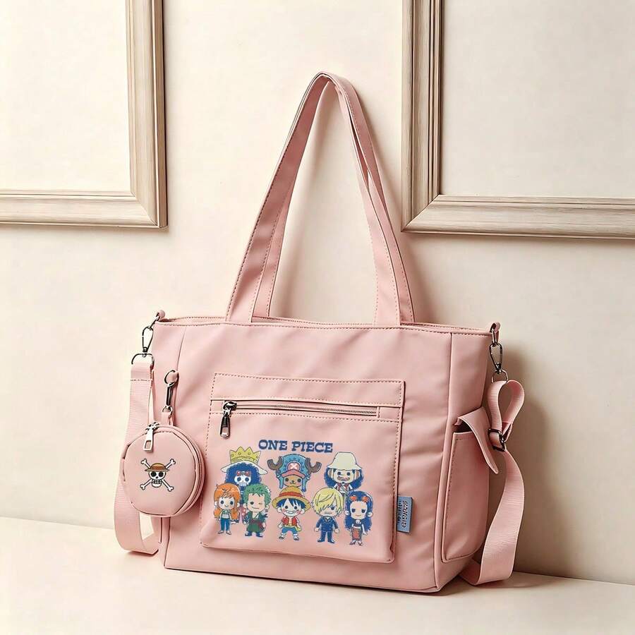 Miniso One Piece Chibi Straw Hat Crew Print Pink Casual Multi-Functional Large Capacity Tote Bag 2 Pieces Set With Detachable Coin Purse, Multi-Way Carry, Ideal For Work, Travel, Shopping And Everyday Use - Pink - View 1