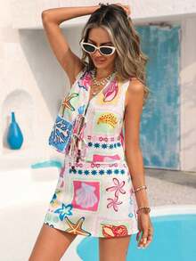 Conjunto de 2 piezas de top sin mangas con nudo y mini falda con estampado minimalista para mujer - Multicolor - Ver 6