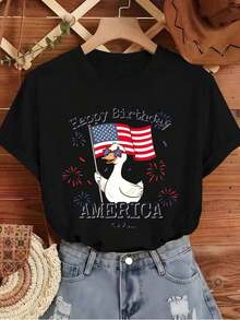 1 Piece [Best Selling T-Shirt] Funny Commemorative T-Shirt For The 250th Anniversary Of The United States - Birthday Wishes And Cartoon Characters - Cute Casual Wear For Spring And Summer - Versatile Basic Crew Neck T-Shirt 180g 100% Cotton - 黑色 - 查看 12