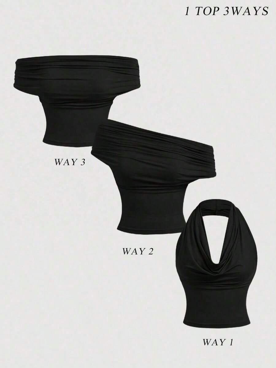 MOD Top ajustado de 3 formas de unicolor (Negro, Lunares negro y blanco, Albaricoque) - Úsela como cuello de capucha, hombros descubiertos o sin tirantes, Top casual de primavera/verano para festivales, vacaciones en la playa, té - Negro - Ver 1