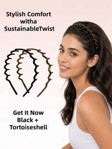 2pcs/Set Women's Zigzag Headbands - Headband & Hair Clips, Fashion Accessories For Sleek Hairstyles - Comfortable Wave Headbands | Comb Headbands | Ideal Gift For Women - Black And Tortoiseshell - Suitable For Curly And Straight Hair, Mother's Day Gift - A - Xem 2
