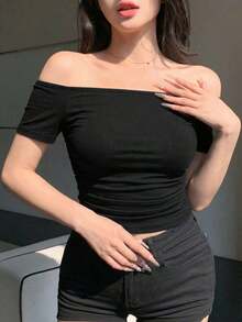 Women's One-Shoulder Sheer Stretch Mesh Blouse, Spring/Summer Off-The-Shoulder Style - 米色 - 查看 2