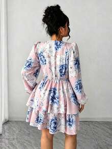 Vestido de mujer talla con cuello en V floral, mangas con pétalos y dobladillo con doble volante - Rosa vieja - Ver 2
