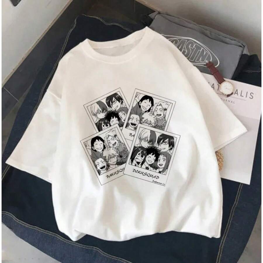 Camiseta de manga corta informal con estampado de anime Y2K para mujer, de punto. - Blanco - Ver 1
