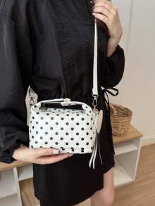 1 Piece Small Polka Dot Print Box Bag, Adjustable PU Zipper Crossbody Bag, Heart-Shaped Tassel Decoration, Fashionable Handbag For Daily Use, Date - 米色 - 查看 6