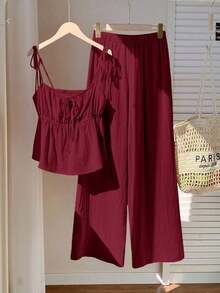Conjunto de top de tirantes y pantalones de lino tejido en color fucsia - Burdeos - Ver 5
