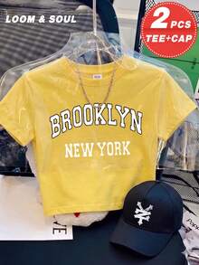 Women's Two-Piece Set | Women's Crop Top+Baseball Cap | Brooklyn New York | Women's Crew Neck Short Sleeve Slim Fit Graphic Tees | Comfortable And Versatile | Outdoor Casual Muscle Shirts | Vacation Outfits Women | Perfect Gift For Her. - 黃色 - 查看 1