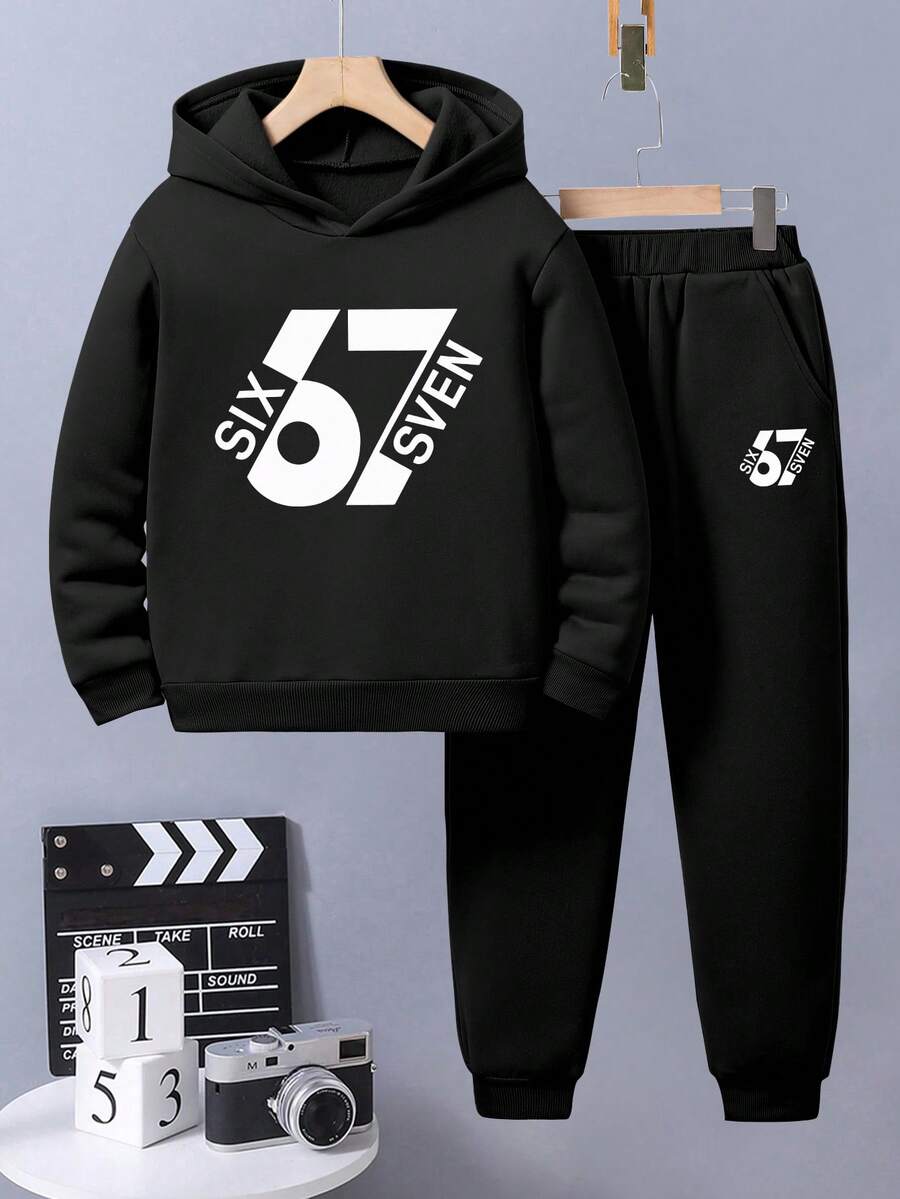 Tween Boy Digital Pattern Print Warm Hoodie And Pants - Black - View 1