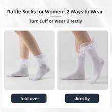 NEW- Women Big Ruffle Ankle Socks,Adult Double Lace Turn Cuff Cotton Frilly Dress Socks Cute Bobby Sock - 3 Pairs - Black, White, Pink 46182 - View 6