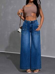 ALO FASHION Pantalones vaqueros de mezclilla lavada de pierna ancha y larga para mujer con bolsillos. Estilo versátil: casual, elegante y bohemio. - azul real - Ver 5