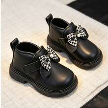 1 Pair Toddler Girls' Houndstooth Bow & Pearl Decor Black Ankle Boots, Non-Thermal Lining Suitable For Autumn/Winter, Soft Sole Comfortable Hook And Loop Easy On/Off, Suitable For Baby Birthday, Party, Daily Outings - Black - View 2