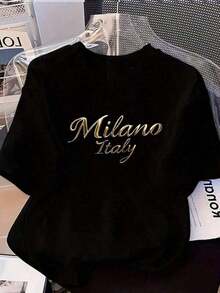 Soft And Versatile Women's T-Shirt With Elegant "MILANO ITALY" Letter Print - Comfortable Round Neck, Short Sleeve, Casual Top For All Seasons, Versatile T-Shirt | Superior Writing Font | Simple Design | Black Summer - 黑色 - 查看 1