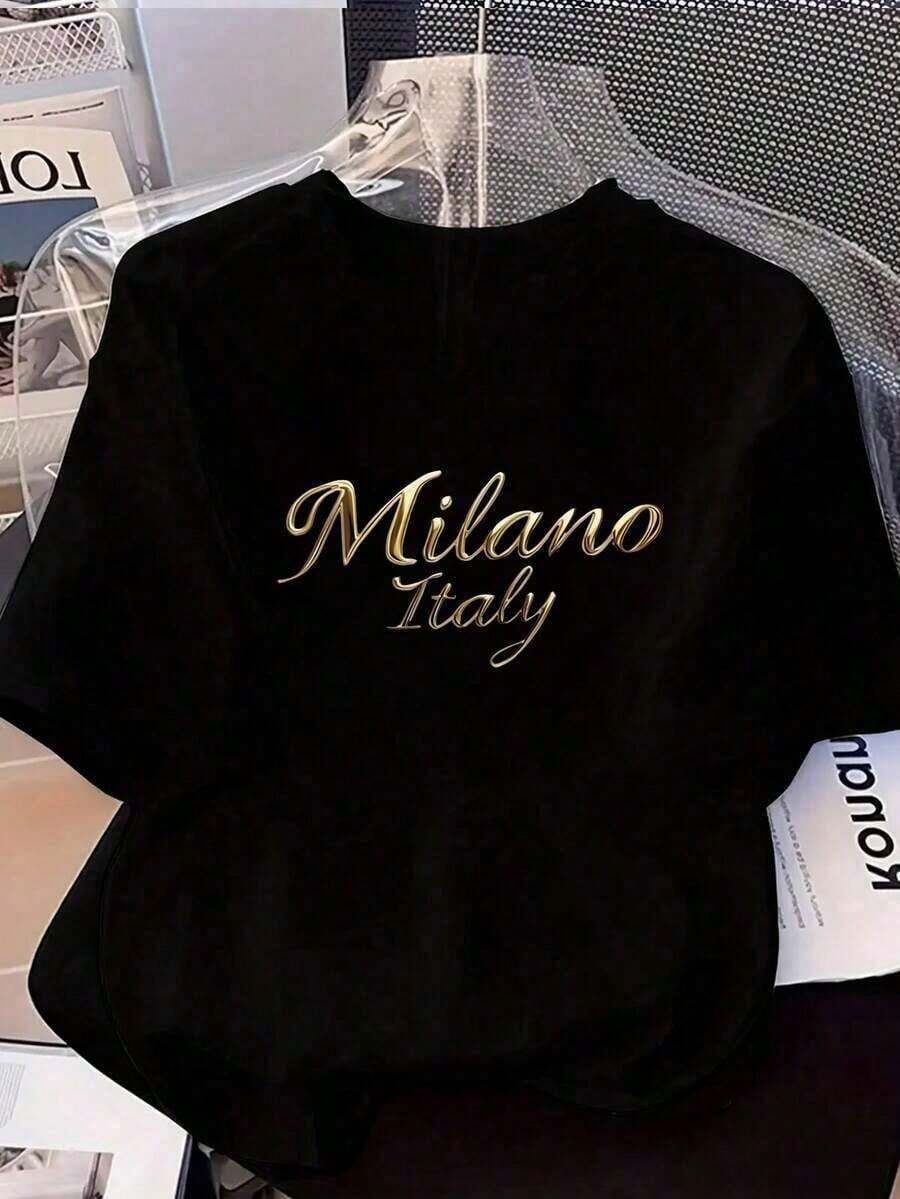 Soft And Versatile Women's T-Shirt With Elegant "MILANO ITALY" Letter Print - Comfortable Round Neck, Short Sleeve, Casual Top For All Seasons, Versatile T-Shirt | Superior Writing Font | Simple Design | Black Summer - 黑色 - 查看 1