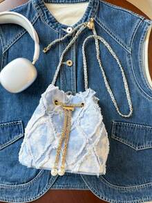 Korean Style Fashion Rhombus Fringed Shoulder Bag Minimalist Elegant High-Quality Crossbody Bag Versatile Drawstring Bucket Bag Suitable For Daily, Date, Evening Party And Other Occasions - Blue and White - View 9