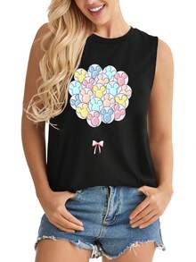 Disney Sleeveless Top Black Mickey Mouse Balloons Print Casual Wear - 黑色 - 查看 1