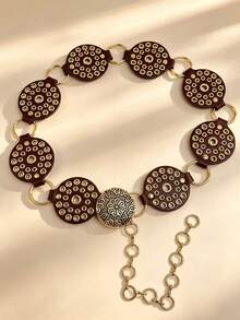 APLCSEY 1pc Women's Western Cowboy Wide Disc Waist Chain, Vintage Bohemian Blue Style, Hollow Patchwork Metal Waist Chain With Buckle, Suitable For Jeans, Dresses And Skirts, Women's Beach Fashion Accessory, Exquisite Women's Gold Jewelry, Women's Gift - Brown - View 2
