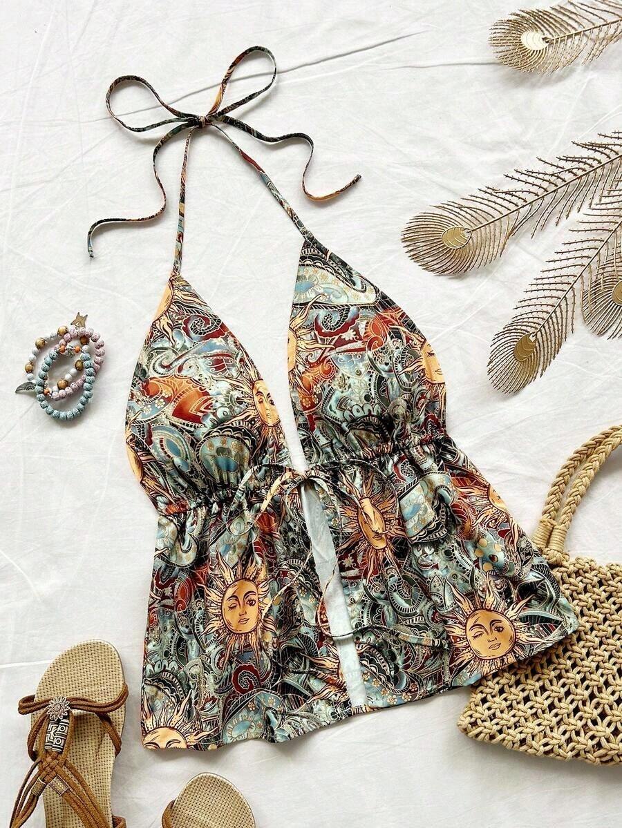 Verano para mujer, top de tirantes halter de verano, Pascua, vacaciones para mujer, ropa occidental para mujer, concierto para mujer, festival rave, mujer bohemia, festival de música, mujer con estampado de girasol vintage arrugado con espalda desc - Multicolor - Ver 1