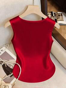 Top casual de tirantes con cuello cuadrado acanalado y abotonado, minimalista para el día a día - Rojo - Ver 2