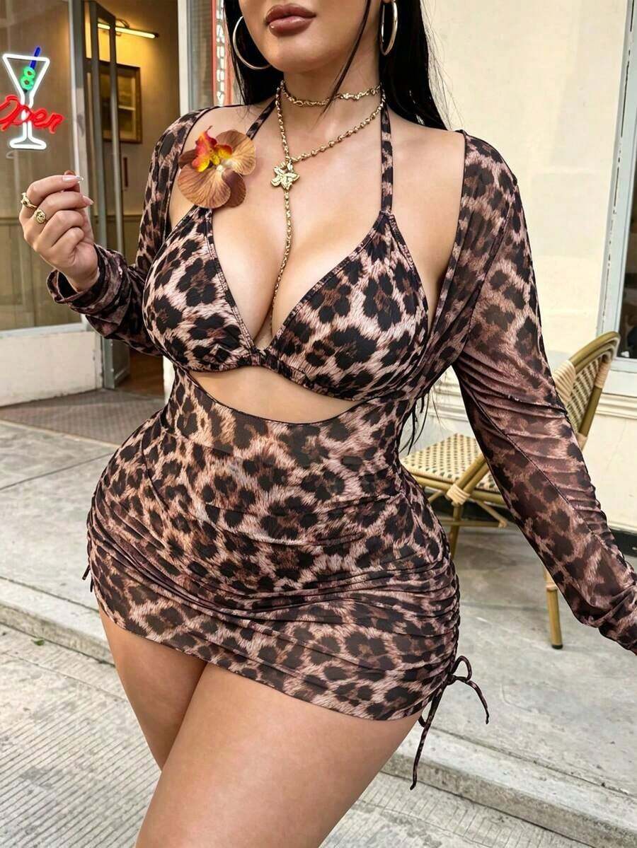 Swim  Conjunto de traje de baño sexy de 3 piezas para mujer de talla grande con acento floral y unicolor - Multicolor - Ver 1