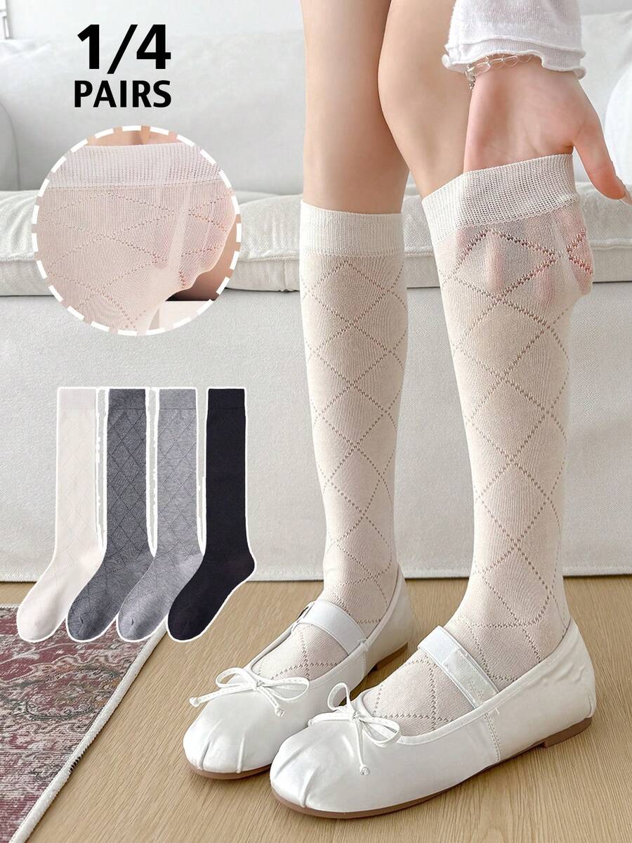 1 đôi/4 đôi tất dài mỏng họa tiết hình thoi kiểu ballet, tất cao đến đầu gối kiểu Nhật Bản cổ điển dành cho nữ, mùa xuân/hè. - Nhiều màu - Xem 1