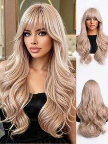 22 Inch Light Blonde Long Curly Wig With Fringe Bangs, Heat Resistant Synthetic Hair, Natural Looking Wig For Daily, Party & Cosplay - Gold - View 2