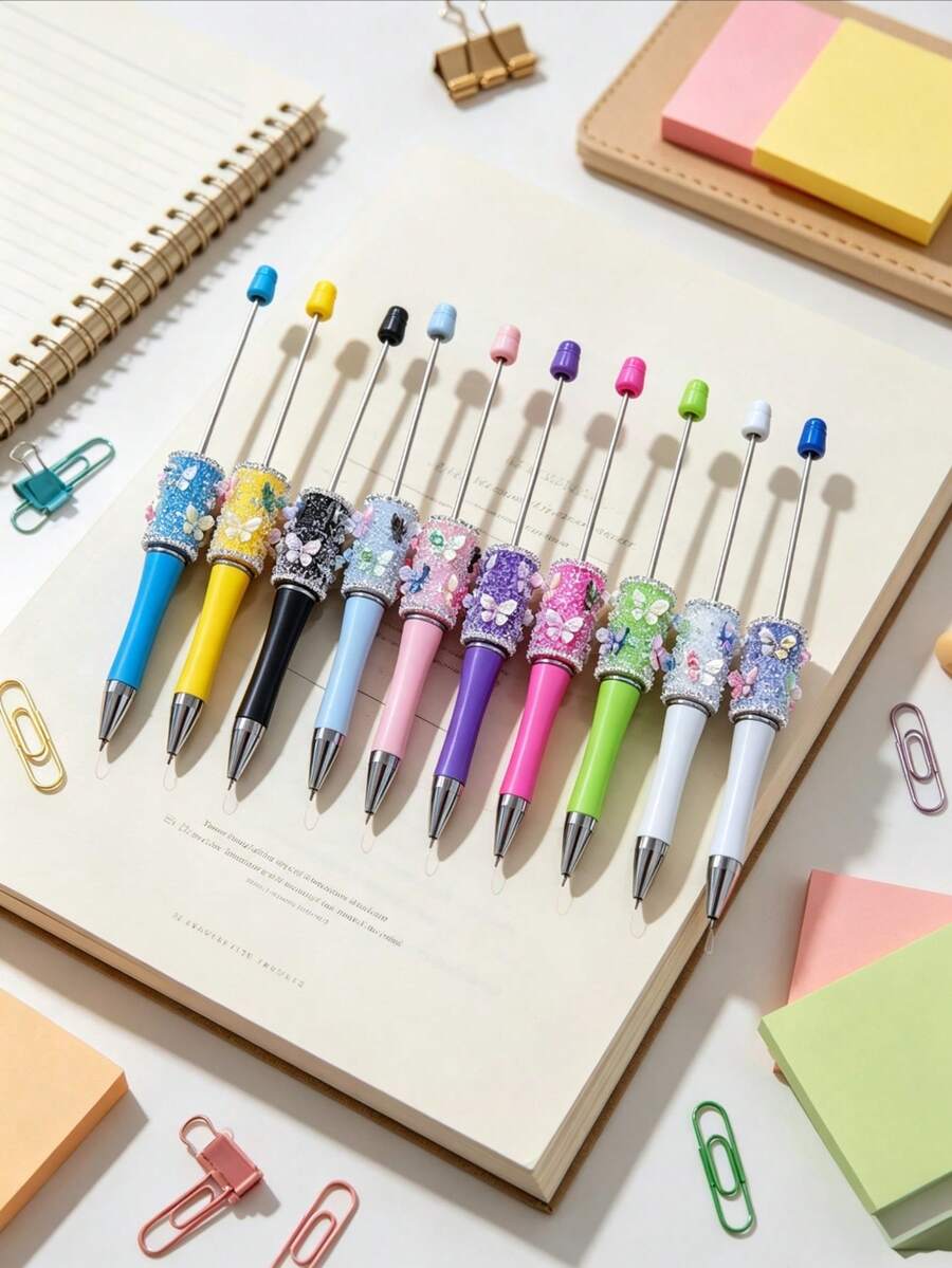 [30-Piece Set] Includes 10 Butterfly Crystal Bead Ballpoint Pens, 10 Extended Rods, And 10 Replacement Refills. Multi-Colored Rhinestone Decorations Can Be Used To DIY Beaded Pens. Suitable For School And Office Writing, A Cute Stationery Gift Set. - Multicolor - View 1