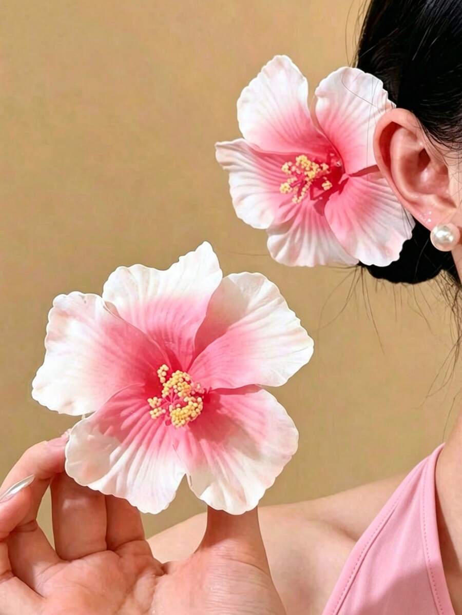 2件組女款漸層粉色扶桑花熱帶花卉髮夾，適合夏季海灘度假旅行日常節慶派對髮飾